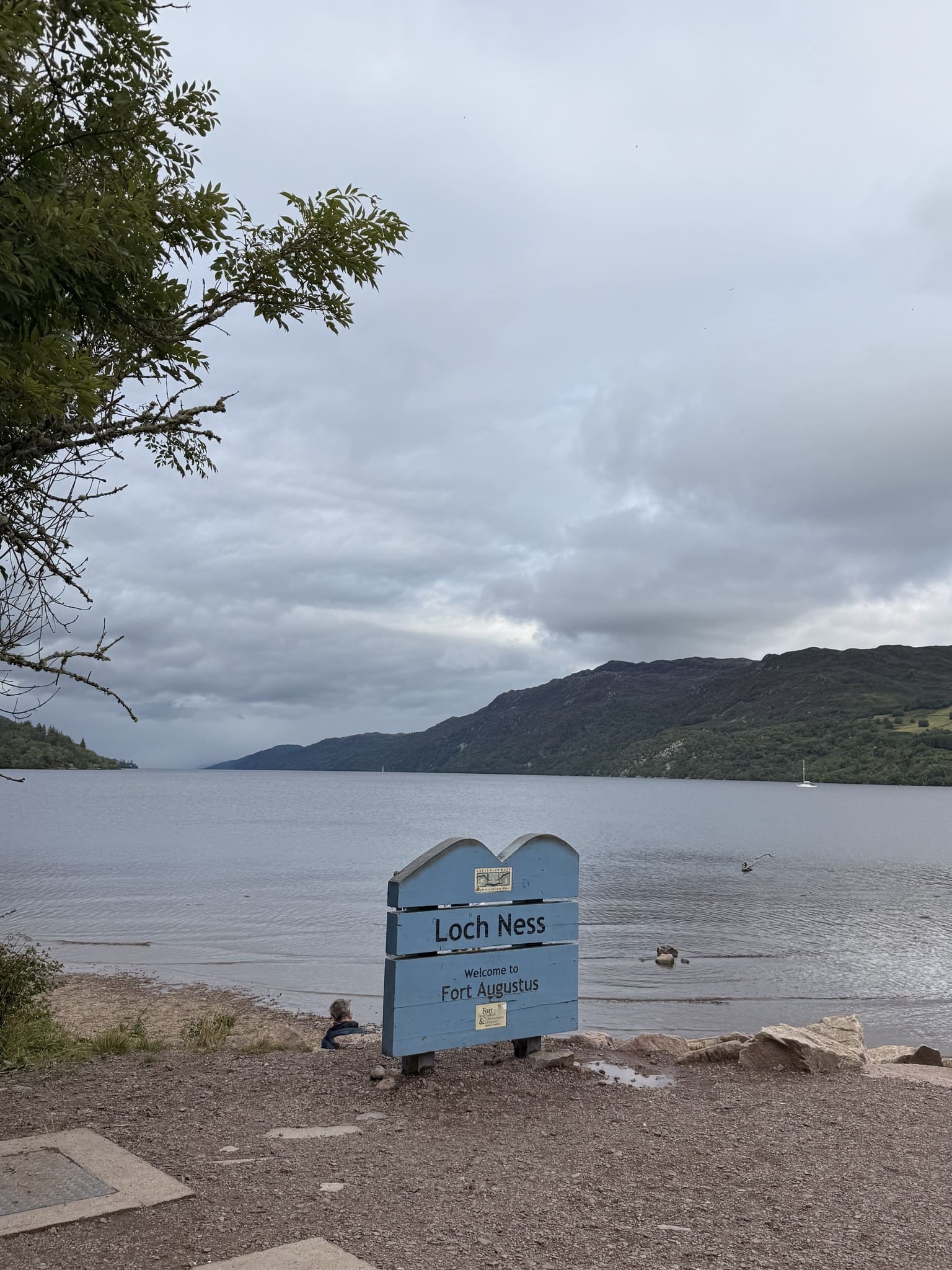Loch Ness sign at Fort Augustus, Scotland on a cloudy day