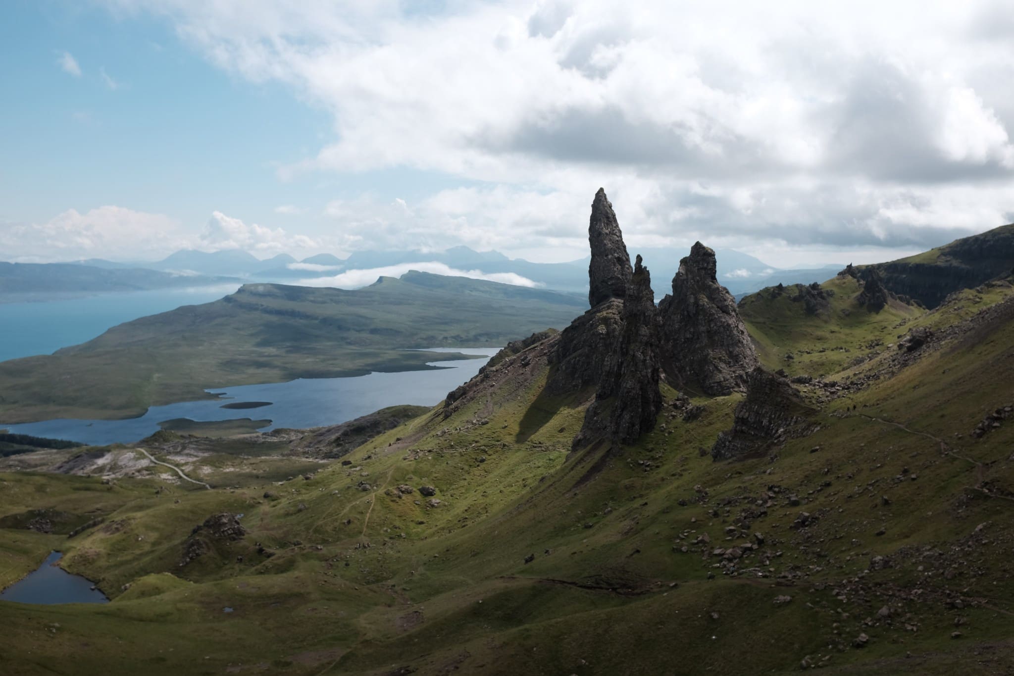drone shot of old man of storr rock formations in Scotland